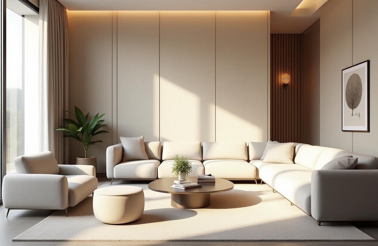 Soggiorno lussuoso e moderno con una parete splendidamente decorata con carta da parati testurizzata di Spettro Pareti.